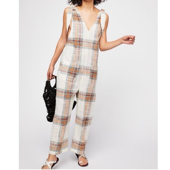 Free People Don’t You Want This Plaid Jumpsuit in Ivory - Picture 2 of 8